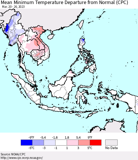 South East Asia Mean Minimum Temperature Departure from Normal (CPC) Thematic Map For 3/20/2023 - 3/26/2023