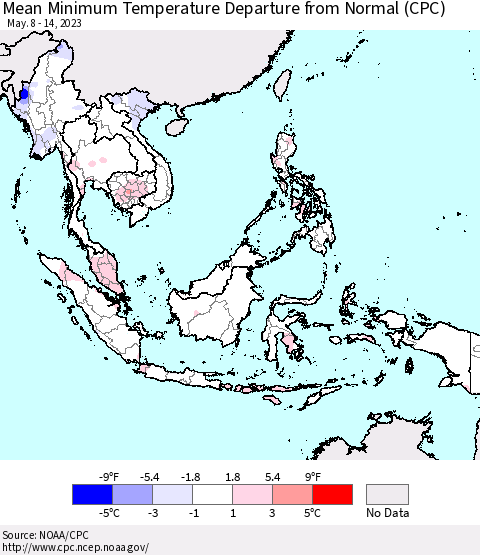 South East Asia Mean Minimum Temperature Departure from Normal (CPC) Thematic Map For 5/8/2023 - 5/14/2023