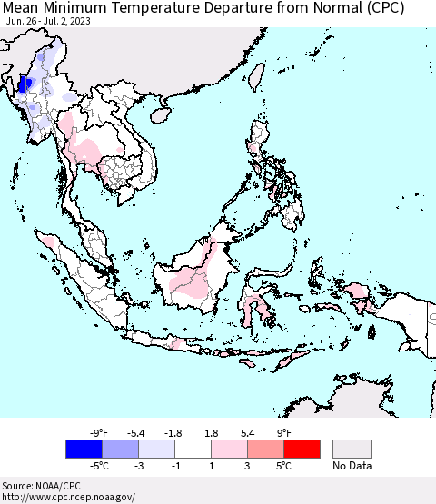 South East Asia Mean Minimum Temperature Departure from Normal (CPC) Thematic Map For 6/26/2023 - 7/2/2023