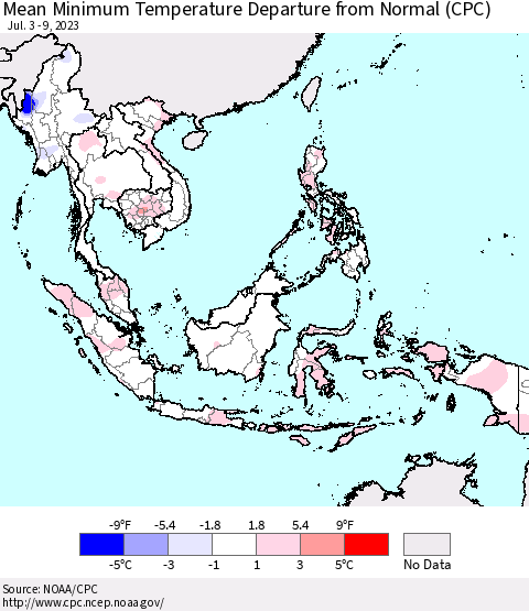 South East Asia Mean Minimum Temperature Departure from Normal (CPC) Thematic Map For 7/3/2023 - 7/9/2023