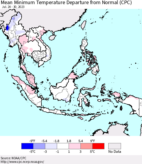 South East Asia Mean Minimum Temperature Departure from Normal (CPC) Thematic Map For 7/24/2023 - 7/30/2023