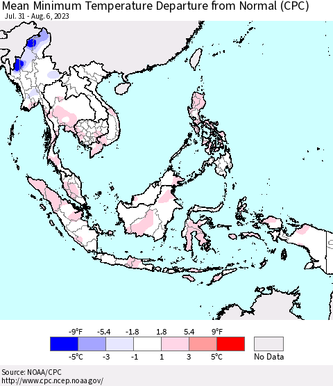 South East Asia Mean Minimum Temperature Departure from Normal (CPC) Thematic Map For 7/31/2023 - 8/6/2023