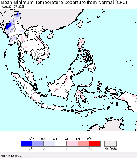 South East Asia Mean Minimum Temperature Departure from Normal (CPC) Thematic Map For 8/21/2023 - 8/27/2023