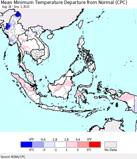 South East Asia Mean Minimum Temperature Departure from Normal (CPC) Thematic Map For 8/28/2023 - 9/3/2023