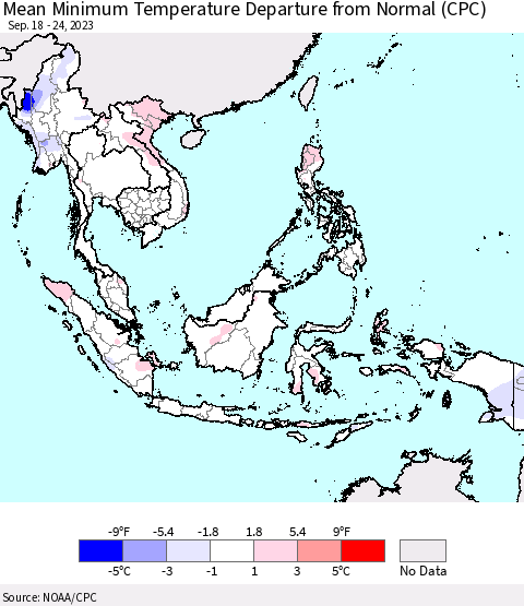 South East Asia Mean Minimum Temperature Departure from Normal (CPC) Thematic Map For 9/18/2023 - 9/24/2023