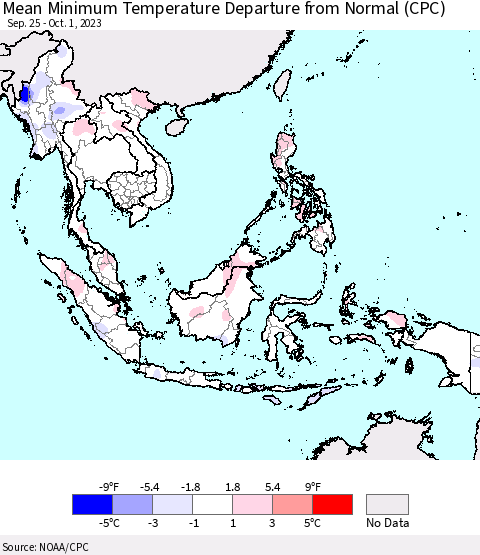 South East Asia Mean Minimum Temperature Departure from Normal (CPC) Thematic Map For 9/25/2023 - 10/1/2023