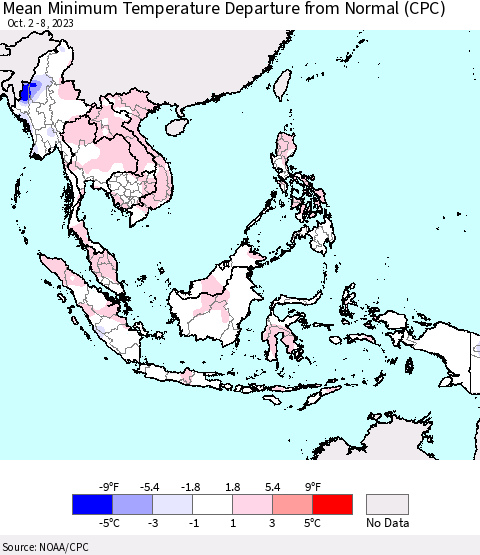 South East Asia Mean Minimum Temperature Departure from Normal (CPC) Thematic Map For 10/2/2023 - 10/8/2023