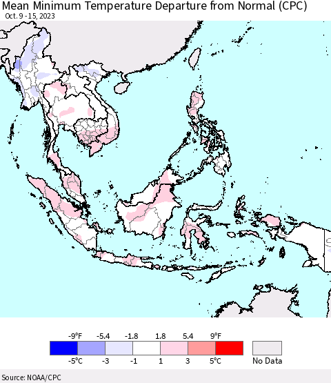 South East Asia Mean Minimum Temperature Departure from Normal (CPC) Thematic Map For 10/9/2023 - 10/15/2023