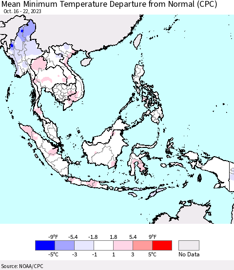 South East Asia Mean Minimum Temperature Departure from Normal (CPC) Thematic Map For 10/16/2023 - 10/22/2023