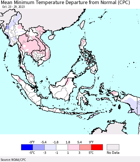 South East Asia Mean Minimum Temperature Departure from Normal (CPC) Thematic Map For 10/23/2023 - 10/29/2023