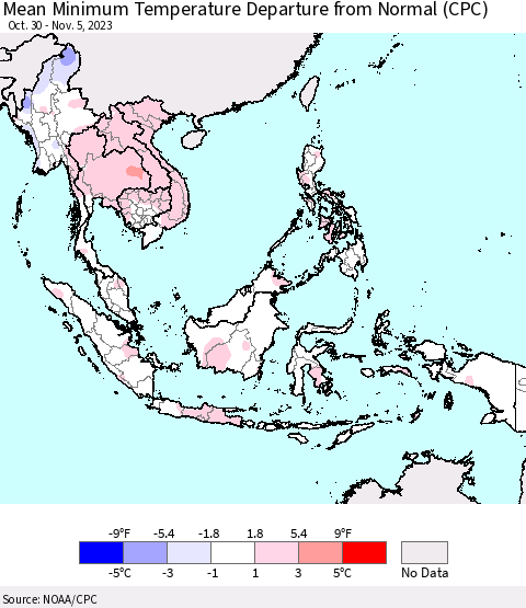 South East Asia Mean Minimum Temperature Departure from Normal (CPC) Thematic Map For 10/30/2023 - 11/5/2023
