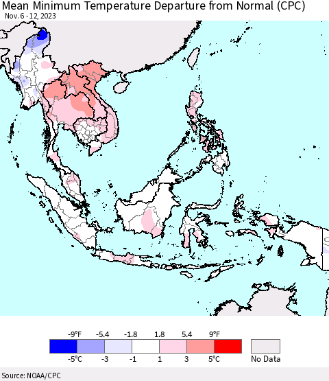 South East Asia Mean Minimum Temperature Departure from Normal (CPC) Thematic Map For 11/6/2023 - 11/12/2023