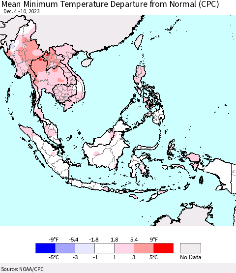 South East Asia Mean Minimum Temperature Departure from Normal (CPC) Thematic Map For 12/4/2023 - 12/10/2023