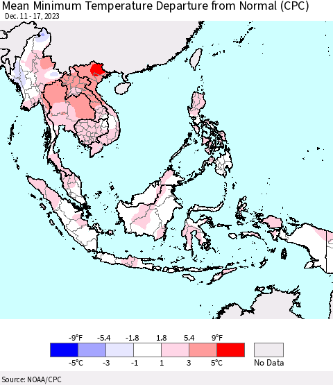 South East Asia Mean Minimum Temperature Departure from Normal (CPC) Thematic Map For 12/11/2023 - 12/17/2023