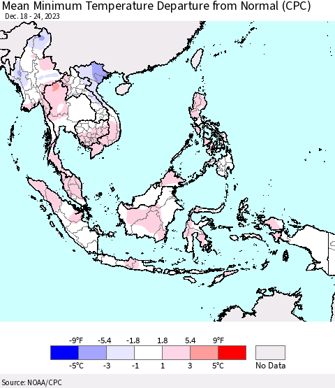 South East Asia Mean Minimum Temperature Departure from Normal (CPC) Thematic Map For 12/18/2023 - 12/24/2023