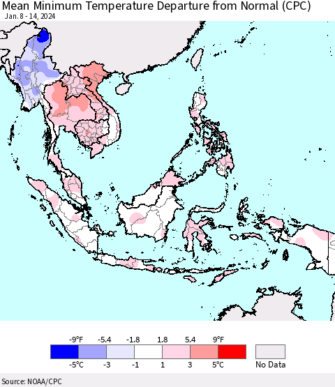South East Asia Mean Minimum Temperature Departure from Normal (CPC) Thematic Map For 1/8/2024 - 1/14/2024