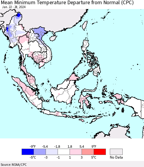 South East Asia Mean Minimum Temperature Departure from Normal (CPC) Thematic Map For 1/22/2024 - 1/28/2024