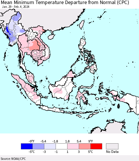 South East Asia Mean Minimum Temperature Departure from Normal (CPC) Thematic Map For 1/29/2024 - 2/4/2024