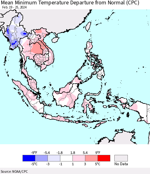 South East Asia Mean Minimum Temperature Departure from Normal (CPC) Thematic Map For 2/19/2024 - 2/25/2024