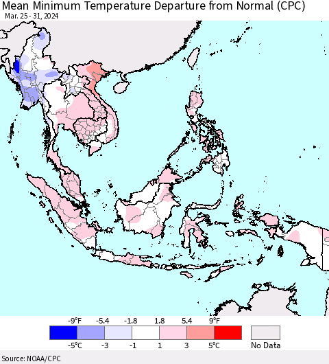South East Asia Mean Minimum Temperature Departure from Normal (CPC) Thematic Map For 3/25/2024 - 3/31/2024
