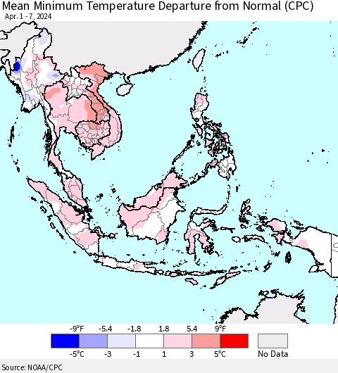 South East Asia Mean Minimum Temperature Departure from Normal (CPC) Thematic Map For 4/1/2024 - 4/7/2024