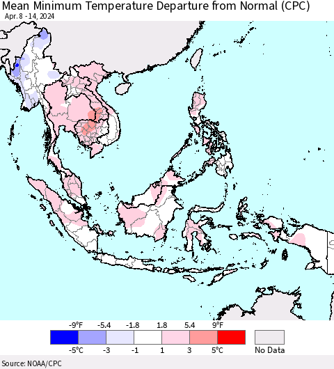 South East Asia Mean Minimum Temperature Departure from Normal (CPC) Thematic Map For 4/8/2024 - 4/14/2024