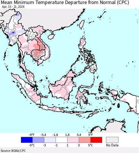 South East Asia Mean Minimum Temperature Departure from Normal (CPC) Thematic Map For 4/15/2024 - 4/21/2024