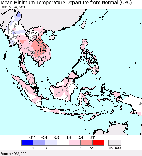 South East Asia Mean Minimum Temperature Departure from Normal (CPC) Thematic Map For 4/22/2024 - 4/28/2024