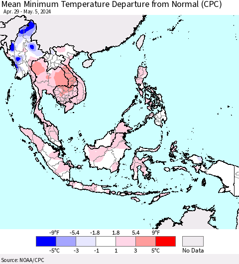 South East Asia Mean Minimum Temperature Departure from Normal (CPC) Thematic Map For 4/29/2024 - 5/5/2024
