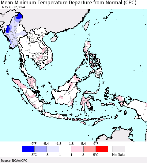 South East Asia Mean Minimum Temperature Departure from Normal (CPC) Thematic Map For 5/6/2024 - 5/12/2024