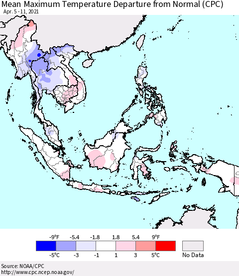 South East Asia Mean Maximum Temperature Departure from Normal (CPC) Thematic Map For 4/5/2021 - 4/11/2021