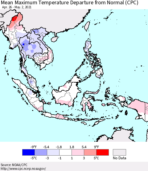 South East Asia Mean Maximum Temperature Departure from Normal (CPC) Thematic Map For 4/26/2021 - 5/2/2021