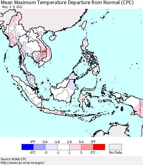 South East Asia Mean Maximum Temperature Departure from Normal (CPC) Thematic Map For 5/3/2021 - 5/9/2021