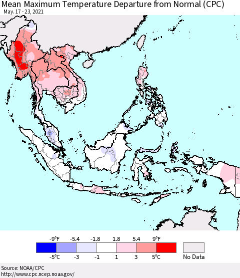 South East Asia Mean Maximum Temperature Departure from Normal (CPC) Thematic Map For 5/17/2021 - 5/23/2021