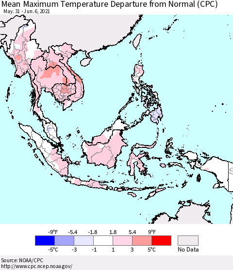 South East Asia Mean Maximum Temperature Departure from Normal (CPC) Thematic Map For 5/31/2021 - 6/6/2021
