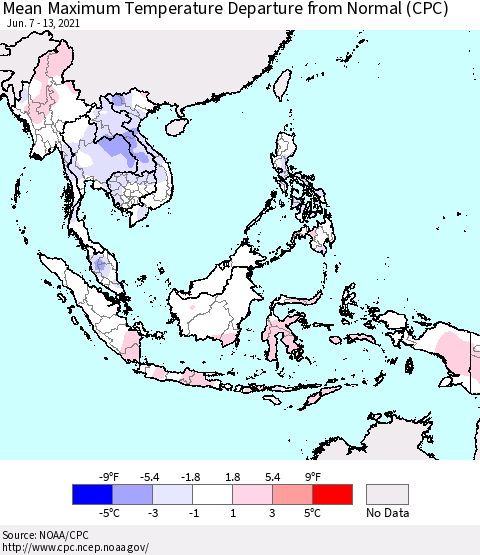 South East Asia Mean Maximum Temperature Departure from Normal (CPC) Thematic Map For 6/7/2021 - 6/13/2021