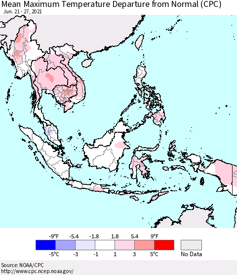 South East Asia Mean Maximum Temperature Departure from Normal (CPC) Thematic Map For 6/21/2021 - 6/27/2021