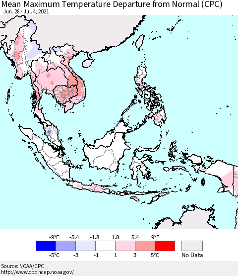 South East Asia Mean Maximum Temperature Departure from Normal (CPC) Thematic Map For 6/28/2021 - 7/4/2021