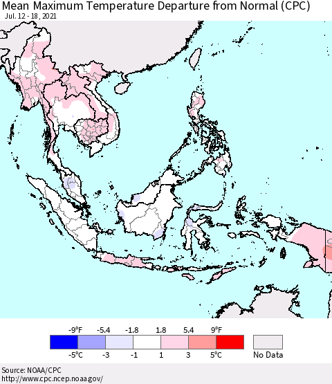 South East Asia Mean Maximum Temperature Departure from Normal (CPC) Thematic Map For 7/12/2021 - 7/18/2021
