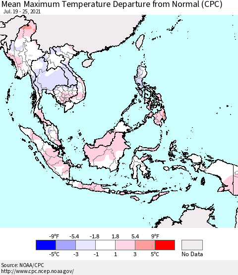 South East Asia Mean Maximum Temperature Departure from Normal (CPC) Thematic Map For 7/19/2021 - 7/25/2021
