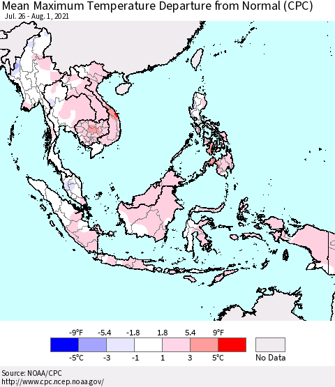 South East Asia Mean Maximum Temperature Departure from Normal (CPC) Thematic Map For 7/26/2021 - 8/1/2021