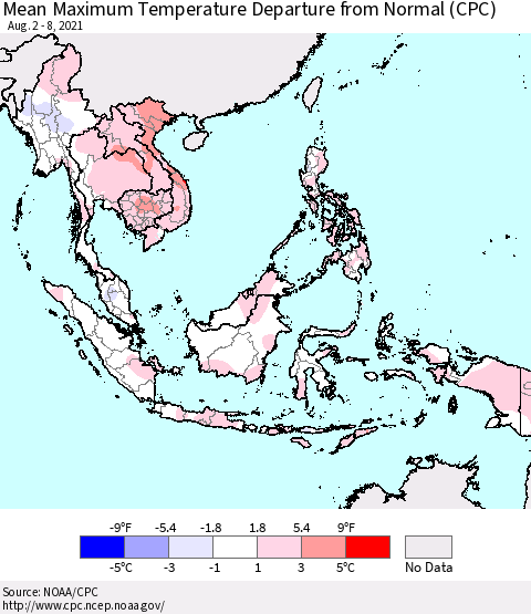 South East Asia Mean Maximum Temperature Departure from Normal (CPC) Thematic Map For 8/2/2021 - 8/8/2021