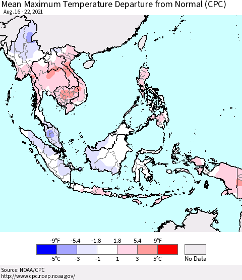 South East Asia Mean Maximum Temperature Departure from Normal (CPC) Thematic Map For 8/16/2021 - 8/22/2021