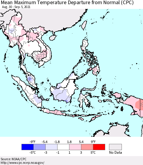 South East Asia Mean Maximum Temperature Departure from Normal (CPC) Thematic Map For 8/30/2021 - 9/5/2021