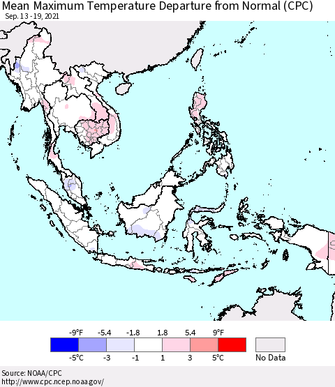 South East Asia Mean Maximum Temperature Departure from Normal (CPC) Thematic Map For 9/13/2021 - 9/19/2021