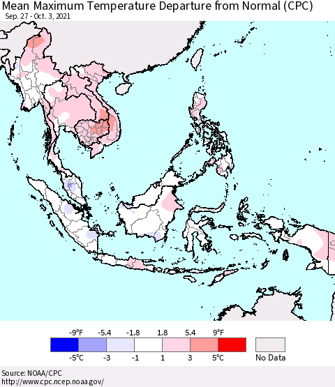 South East Asia Mean Maximum Temperature Departure from Normal (CPC) Thematic Map For 9/27/2021 - 10/3/2021