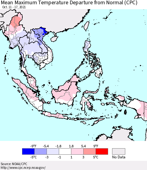 South East Asia Mean Maximum Temperature Departure from Normal (CPC) Thematic Map For 10/11/2021 - 10/17/2021