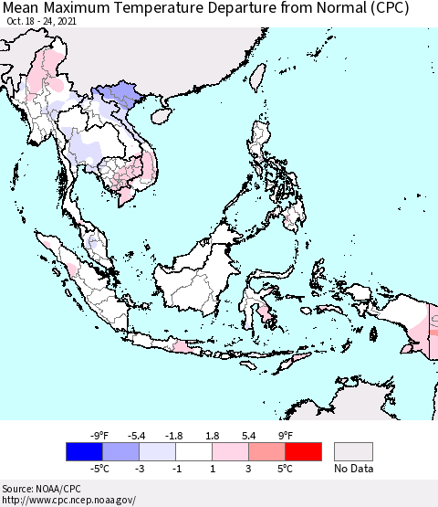 South East Asia Mean Maximum Temperature Departure from Normal (CPC) Thematic Map For 10/18/2021 - 10/24/2021