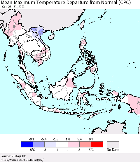 South East Asia Mean Maximum Temperature Departure from Normal (CPC) Thematic Map For 10/25/2021 - 10/31/2021