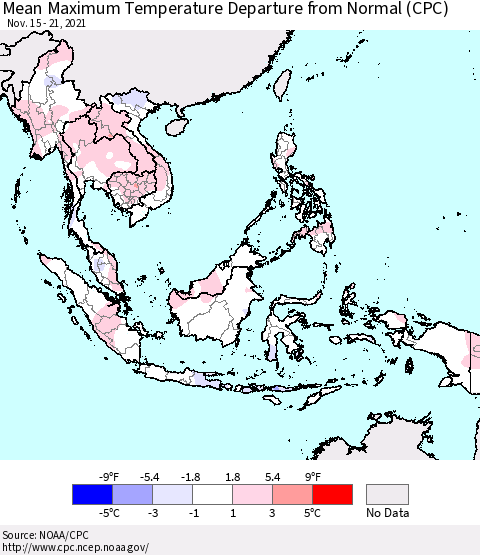 South East Asia Mean Maximum Temperature Departure from Normal (CPC) Thematic Map For 11/15/2021 - 11/21/2021